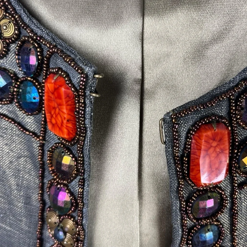 Boston Proper Linen Jacket 3/4‎ Sleeve Blazer Metallic Gold Brown Beaded Sz 10